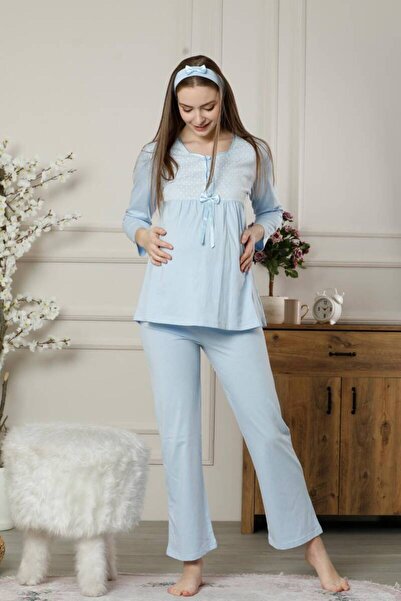 ALİMER Hamile Lohusa Pijama Takımı - Mavi Dantel Detaylı Saç Bantlı Uzun Kollu 2378