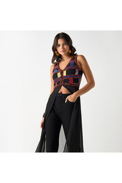 FAV Embellished Sleeveless Tunic with Slit and V-neck