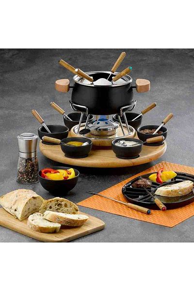 KELA Keck Lang Set fondue 23 buc email NATURA / ceramica / lemn