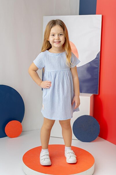 Zeyland Girl's Striped Half Sleeve Seersucker Dress - Blue Striped
