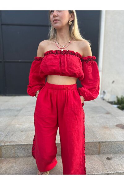 REFİŞ BUTİK VE AKSESUAR MÜSLİN KUMAŞ CROP PANTOLON TAKIM