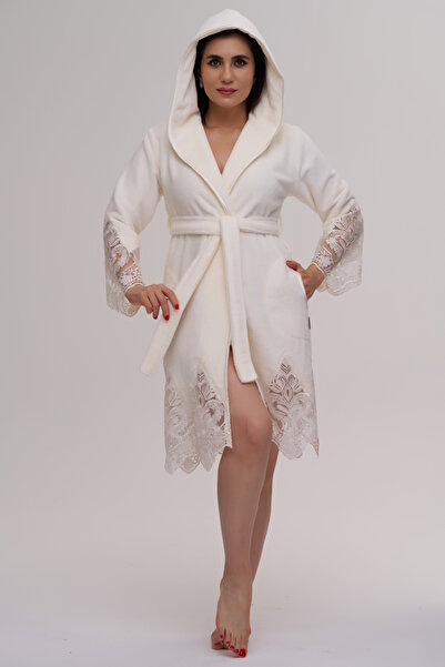 Nuşa Saten Biyeli Dantelli Bambu Pamuk Bornoz