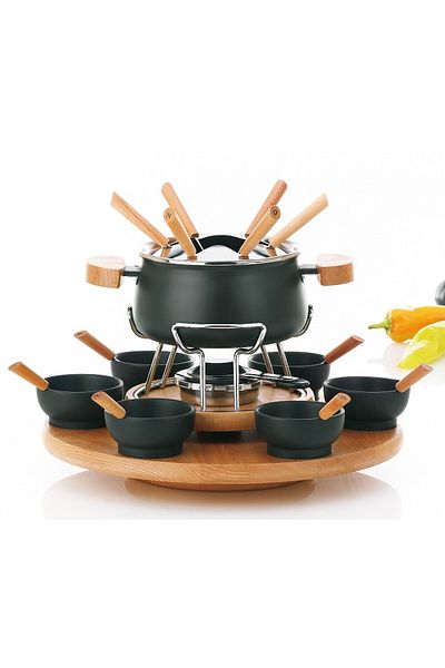 KELA Keck Lang Set fondue 23 buc email NATURA / ceramica / lemn
