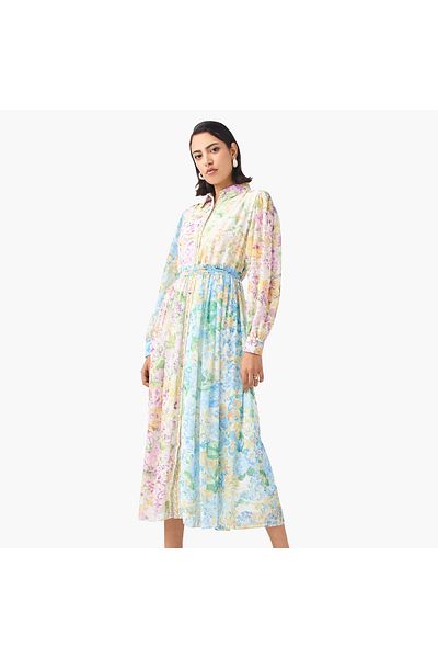 2Xtremz 2Xtremz Floral Print Shirt Dress with Cuff Sleeves and Tie-Up Belt