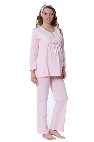 ALİMER Maternity Pajama Set - Pink Lace Detailed Long Sleeve with Headband 2378