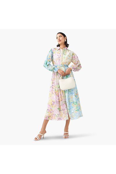 2Xtremz 2Xtremz Floral Print Shirt Dress with Cuff Sleeves and Tie-Up Belt