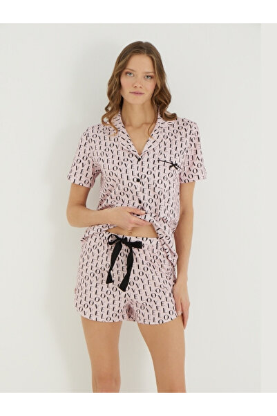 İPEKTENİM Love Text Printed Buttoned Shirt Shorts Pajama Set