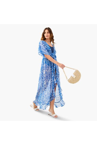 FAV All-Over Print Cover-Up with Tie-Ups and Shirred Detail