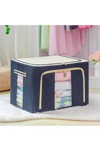 Flippy Storage Box 66 L, Canvas, 50x40x33 Cm, Metal Frame Plastic Base, Polka Dots, Dark Blue