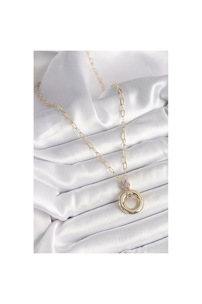 Skygo Brass Gold Color Zircon Stone Detailed Medallion Model Women's Necklace - Tj-Bko9885
