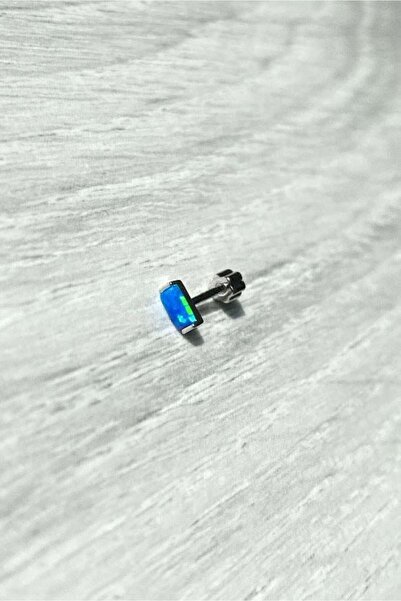 Spossy Silver Jewelry 925 Ayar Gümüş, Dikdörtgen Mavi Opal Taşlı Piercing Küpe