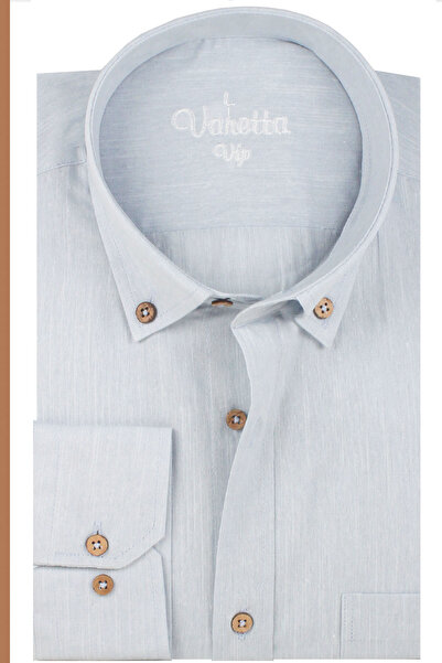 Varetta Erkek Mavimsi Gri Uzun Kollu Keten Efektli Cepli Pamuklu Gömlek