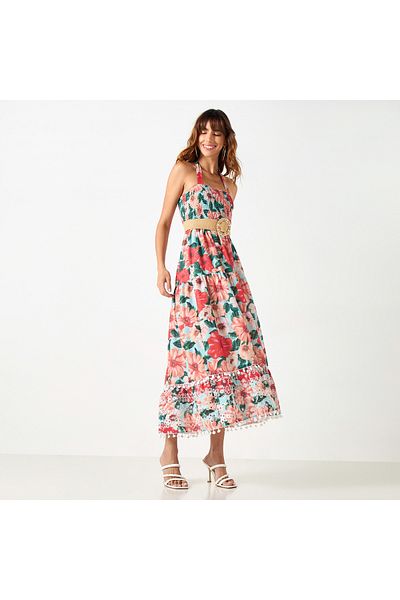 2Xtremz All-Over Floral Print Halter Dress with Shirred Detail