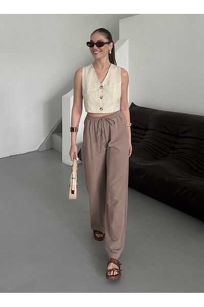 Laluvia Nerzfarbene Hose aus Baumwollleinen mit elastischem Bund – 3490