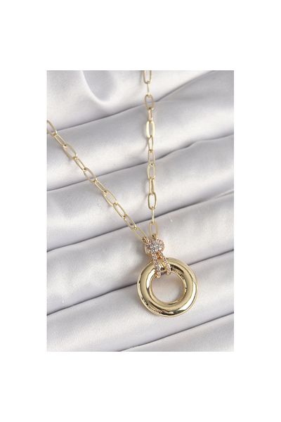 Skygo Brass Gold Color Zircon Stone Detailed Medallion Model Women's Necklace - Tj-Bko9885