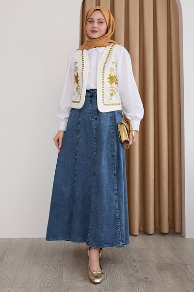 InStyle Κίτρινο Τριπλό Σετ με Γιλέκο Κέντημα και Τζιν Φούστα