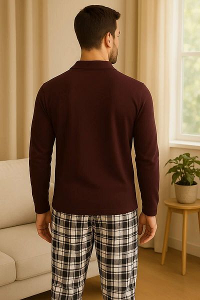 Pijamaevi Claret Red Plaid Front Buttoned Long Sleeve Men's Pajama Set