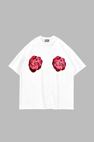 Bak Moda Tricou alb unisex oversize cu imprimeu pe piept înflorit