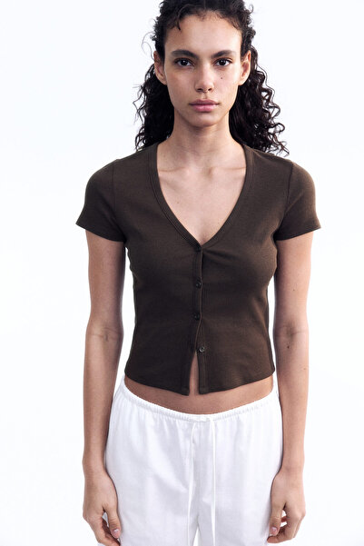H&M Önü Düğmeli ve Ribanalı Tişört