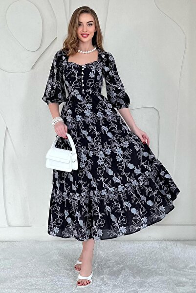 Elbee Fashion Woman Buttoned Embroidered Dress