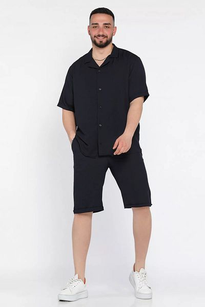 MİSHAR İTALİA Navy Blue Men's Double Sleeve Shirt Shorts Double Set