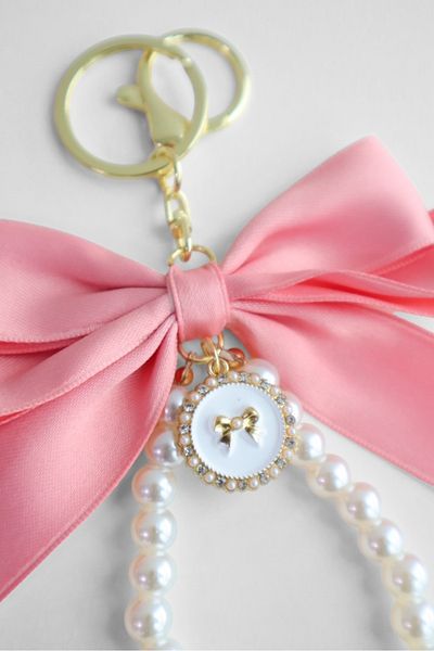 EFBUTİK Pink Ribbon Pearl Bow Detail Bag Charm Keychain