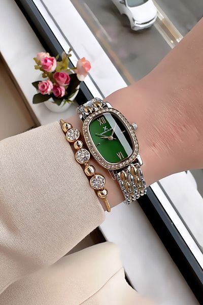 Daniel Klein Oval Stone Case Waterproof Women Wristwatch Gold Silver Green Steel Band Gift Bracelet Dkby2032C3