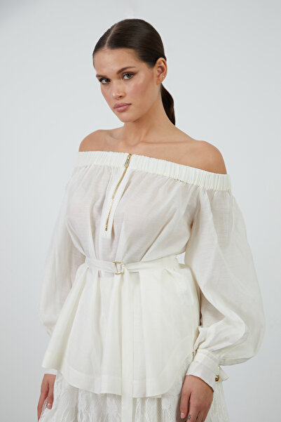 GİZİA Madonna Yaka Uzun Kollu Ekru Bluz