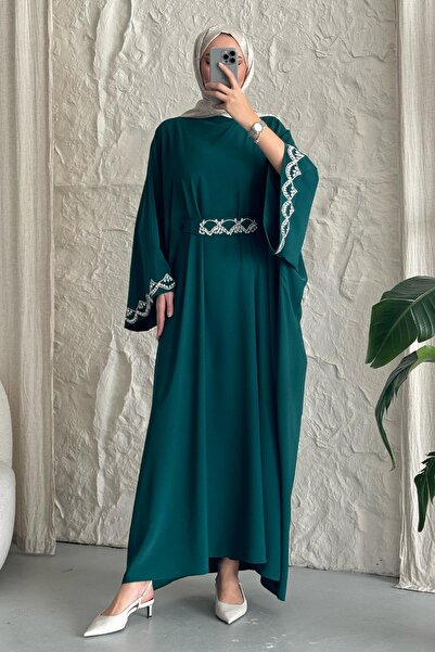 InStyle Stone Belted Bat Sleeve Emerald Green Abaya