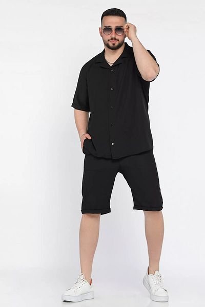 MİSHAR İTALİA Black Men's Double Sleeve Shirt Shorts Double Set