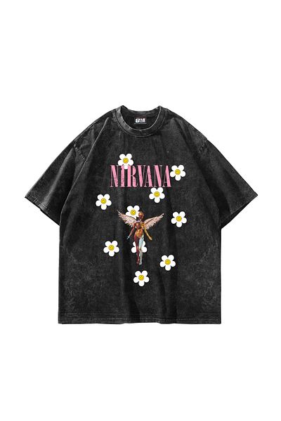 Bak Moda Μαύρο μπλουζάκι Nirvana Daisy με στάμπα Oversize Unisex Washable