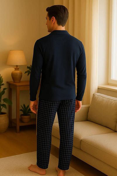 Pijamaevi Marineblaues kariertes Langarm-Pyjama-Set mit Knopfleiste für Männer