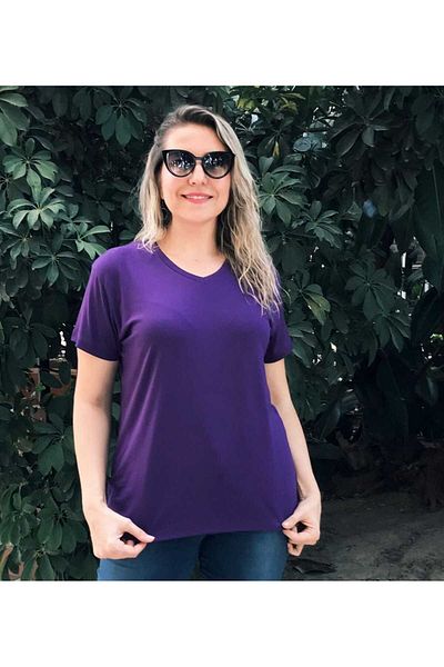 anne moda ankara Single Color V-Neck Large Size Viscose Draped Bulu with Split, Short Sleeve Thin Bulu