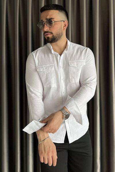 MİSHAR İTALİA Λευκό ανδρικό μακρυμάνικο πουκάμισο με διπλή τσέπη