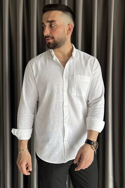 MİSHAR İTALİA Ανδρικό λινό πουκάμισο Cream Single Pocket