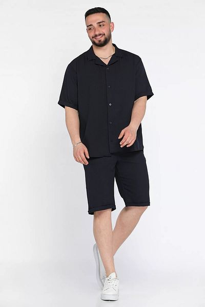 MİSHAR İTALİA Navy Blue Men's Double Sleeve Shirt Shorts Double Set