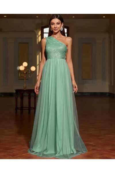 elissaa ÜST TEK OMUZ PAYETLİ ALT TÜL SATEN UZUN ABİYE ELBİSE