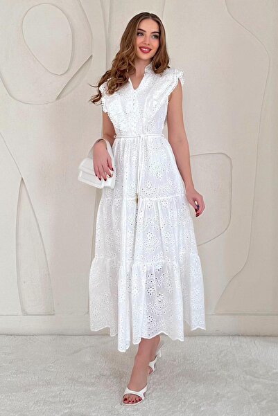 Elbee Fashion Woman Λευκό φόρεμα με βολάν με κουμπιά