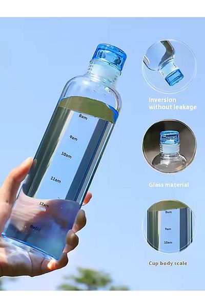 MUKKO HOME 550 ml Borosilicate Glass Water Bottle – with Time Scale, Leak-Proof Lid, 6 Color Options
