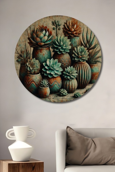 Teona Ahşap Bohem Vazo Sukulentler Yağlı Boya Görünümlü Ahşap Dekoratif Yuvar...