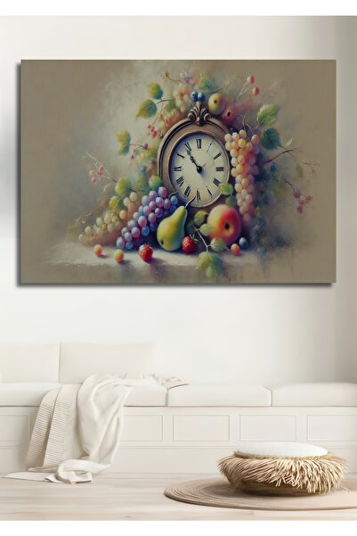 Teona Ahşap Yağlı Boya Görünümlü Meyve Şöleni Saat Ahşap Dekoratif Dikdörtgen...