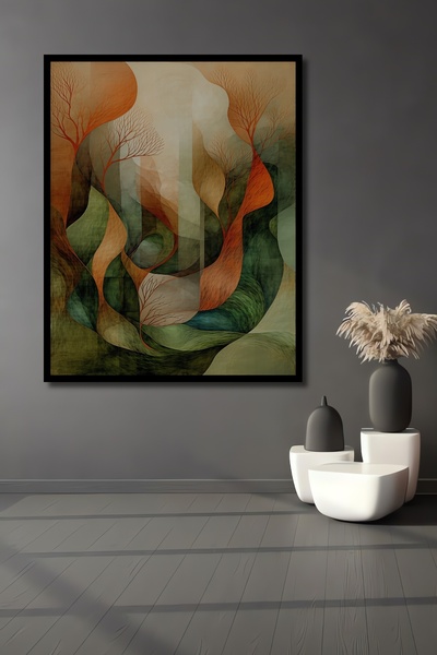 Teona Ahşap Soyut Orman Yağlı Boya Görünümlü Ahşap Dekoratif Dikdörtgen Salon...