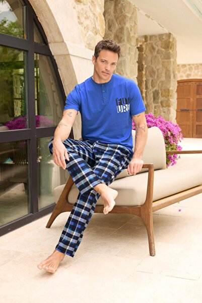Pijamaevi Dark Blue Plaid Future Pattern Short-Sleeved Men's Pajamas Set