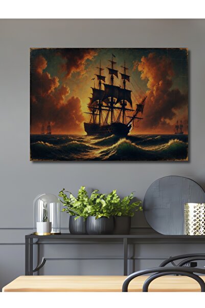 Teona Ahşap Yağlı Boya Görünümlü Karayip Korsanları Gemisi Ahşap Dekoratif Dikdörtgen Tablo Deniz Manzarası
