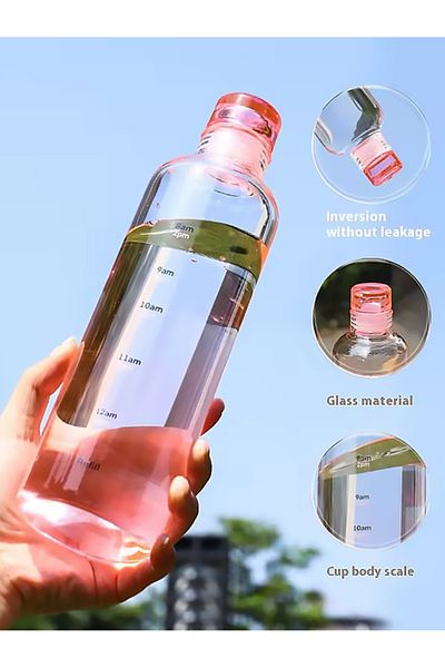 MUKKO HOME 550 ml Borosilicate Glass Water Bottle – with Time Scale, Leak-Proof Lid, 6 Color Options