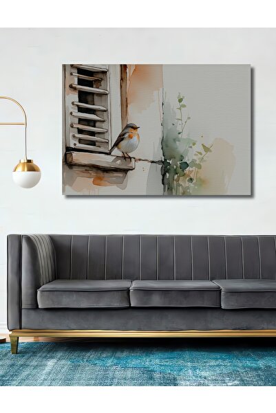 Teona Ahşap Sulu Boya Görünümlü Pencerede Kızıl Gerdanlı Kuş Dekoratif Dikdör...