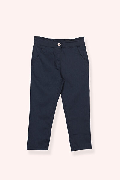 Panço Kız Çocuk Beli Lastikli Arka Cebi Nakış Detaylı Lacivert Pantolon