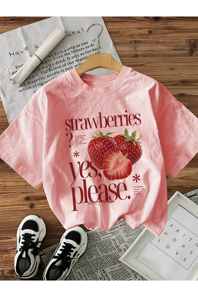 PENTHİLUS Strawberry Print T-Shirt Casual Blouse, Short Sleeve, Round Neck, Summer and Spring