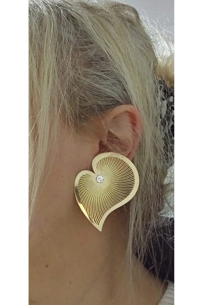 mos&more Gold Kalp Taşlı Şık Çok Hafif Büyük Kadın Küpe