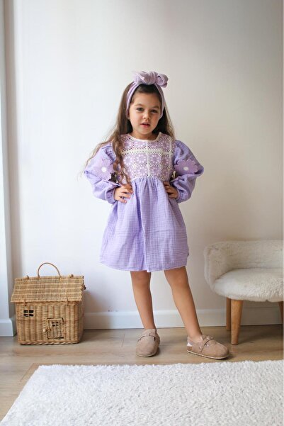MANİ KIZ ÇOCUK DANTEL DETAY LİLA ELBİSE